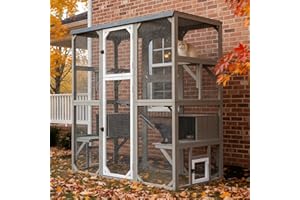 MAGAZOOPET Large Outdoor Cat Catio Enclosures, Wooden Catio Window Cat Patio for Cats Feral with 5 Platforms, 2 Resting Rooms, Waterproof Cover