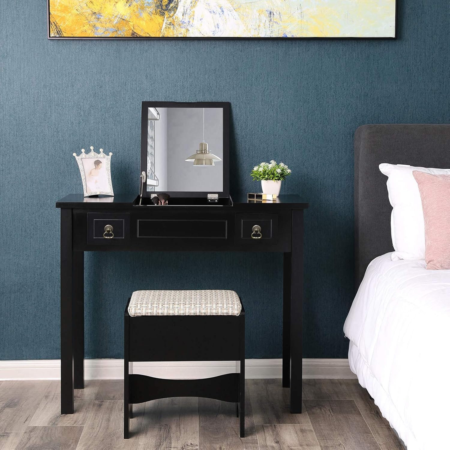VASAGLE Vanity Set with Flip Top Mirror Makeup Dressing Table Writing Desk with 2 Drawers Cushioned Stool 3 Removable Organizers Easy Assembly, Black: Home & Kitchen