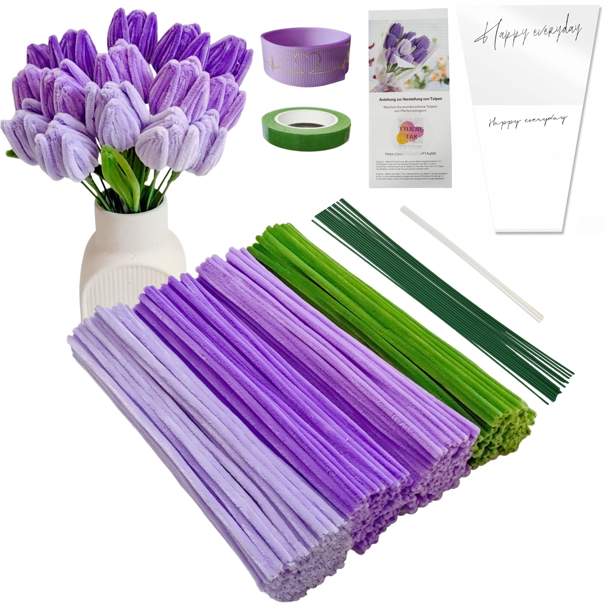 YYUENG TAK 200 pcs Purple Pipe Cleaners for Craft flowers,Pipe Cleaners for Tulip Bouquet (4 Colors),Pipe Cleaner flowers kit with Tutorial and 12 pcs Flower Stems,Chenille Stems DIY Arts & Crafts