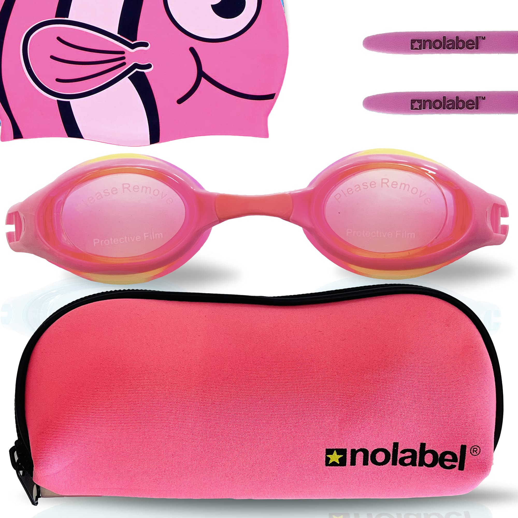 NO LABEL Kids Swimming Goggles - Pink Kids Goggles - Pink Childrens Swimming Goggles Kids - Pink Swimming Goggles - Girls Swimming Goggles - FREE Neoprene Swimming Goggles Case and Fish Swim Cap