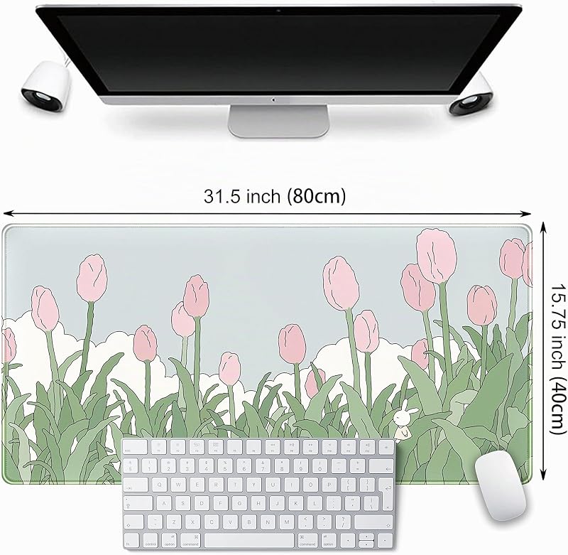 Alfombrilla para ratón inalámbrico, para juegos, extragrande XXL, para escritorio, anime kawaii, bordes cosidos, 80 x 40 cm, diseño de tulipán rosa y verde