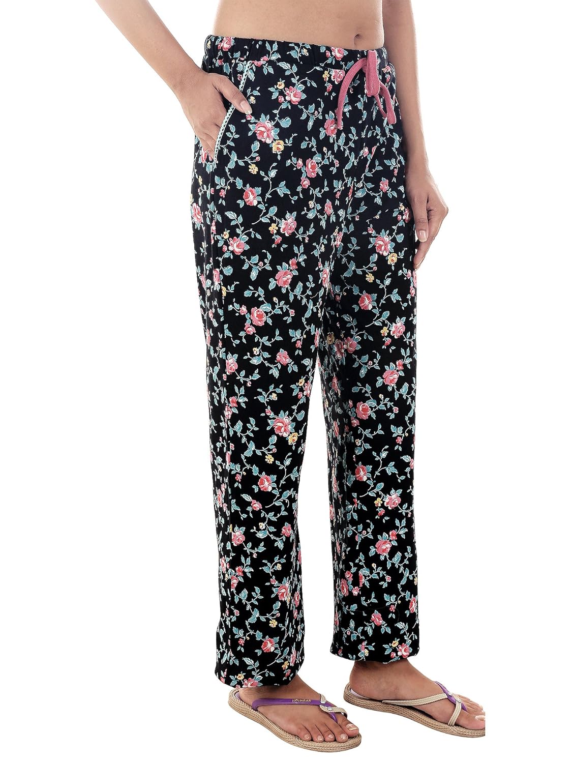 9teenagain women's hosiery night pyjama (black floral print)