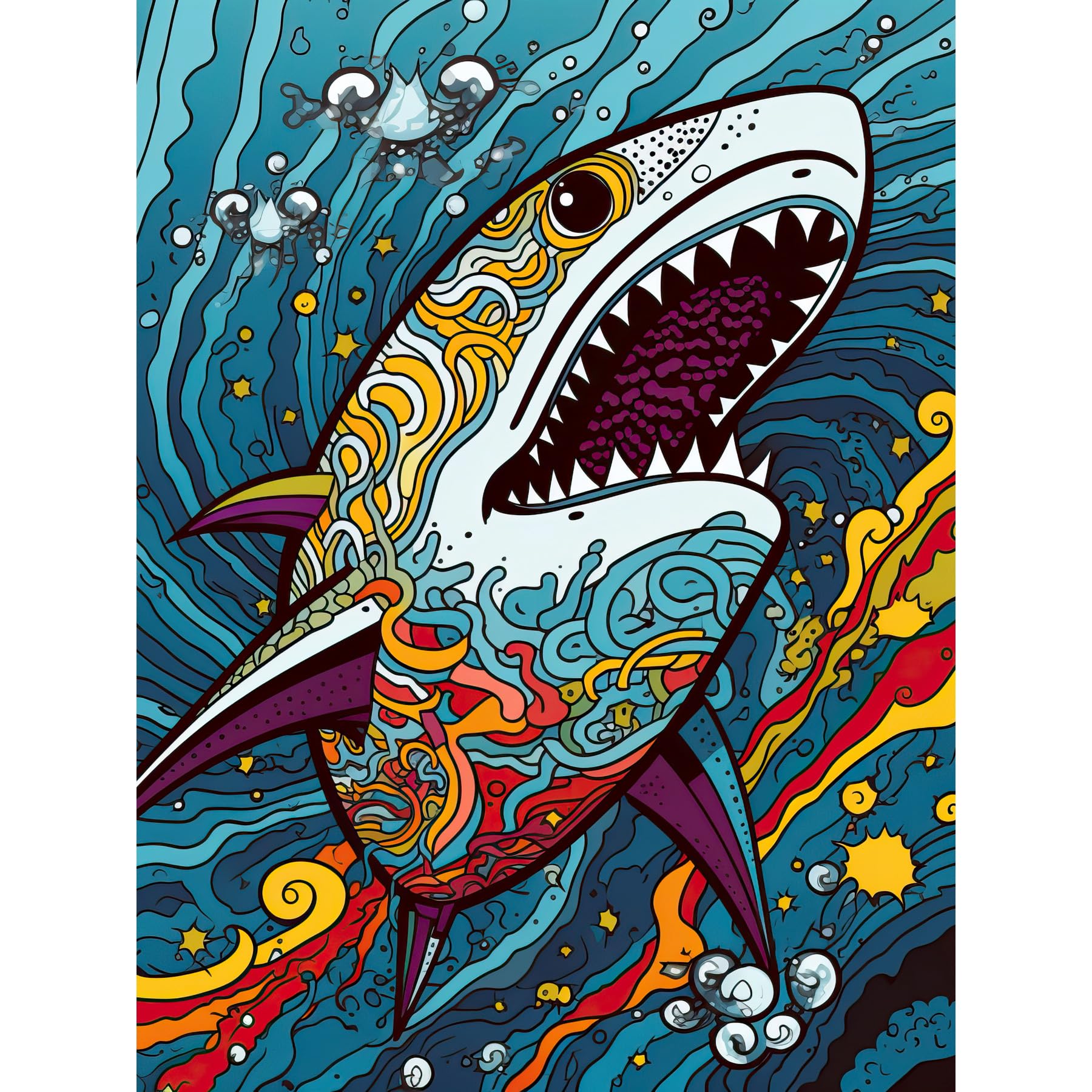 Artery8 Shark Acrylic Painting Colourful Psychedelic Patterns Aquatic Animal Pop Art Extra Large XL Wall Art Poster Print