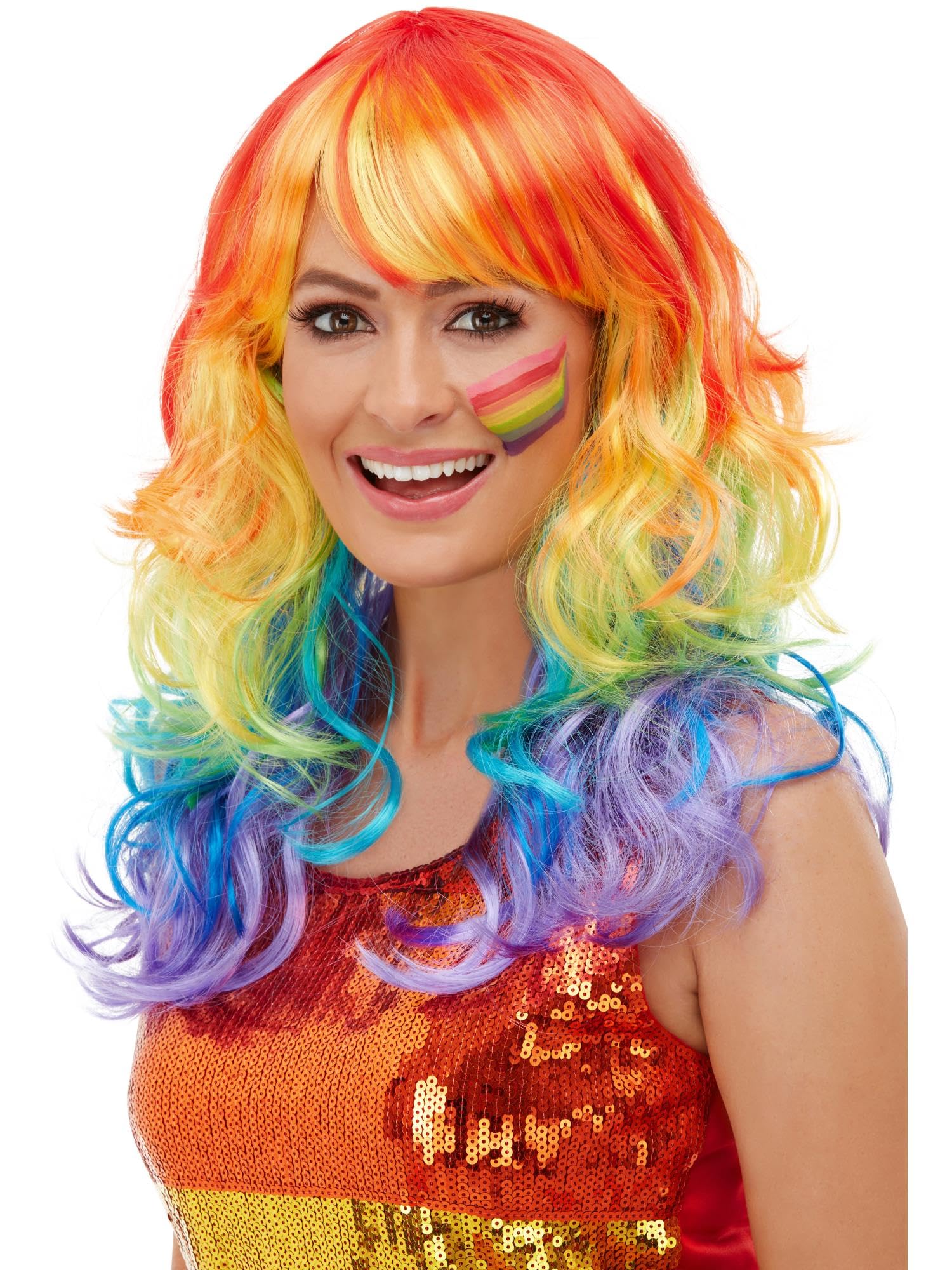 Smiffys Rainbow Glam Wig, Multi-Coloured, Rainbow/Gay Pride Items Fancy Dress, Adult Dress Up Wigs