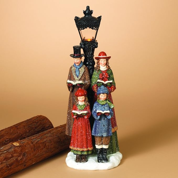 Victorian Christmas Caroler Family with Lighted Lamp Post Figurine