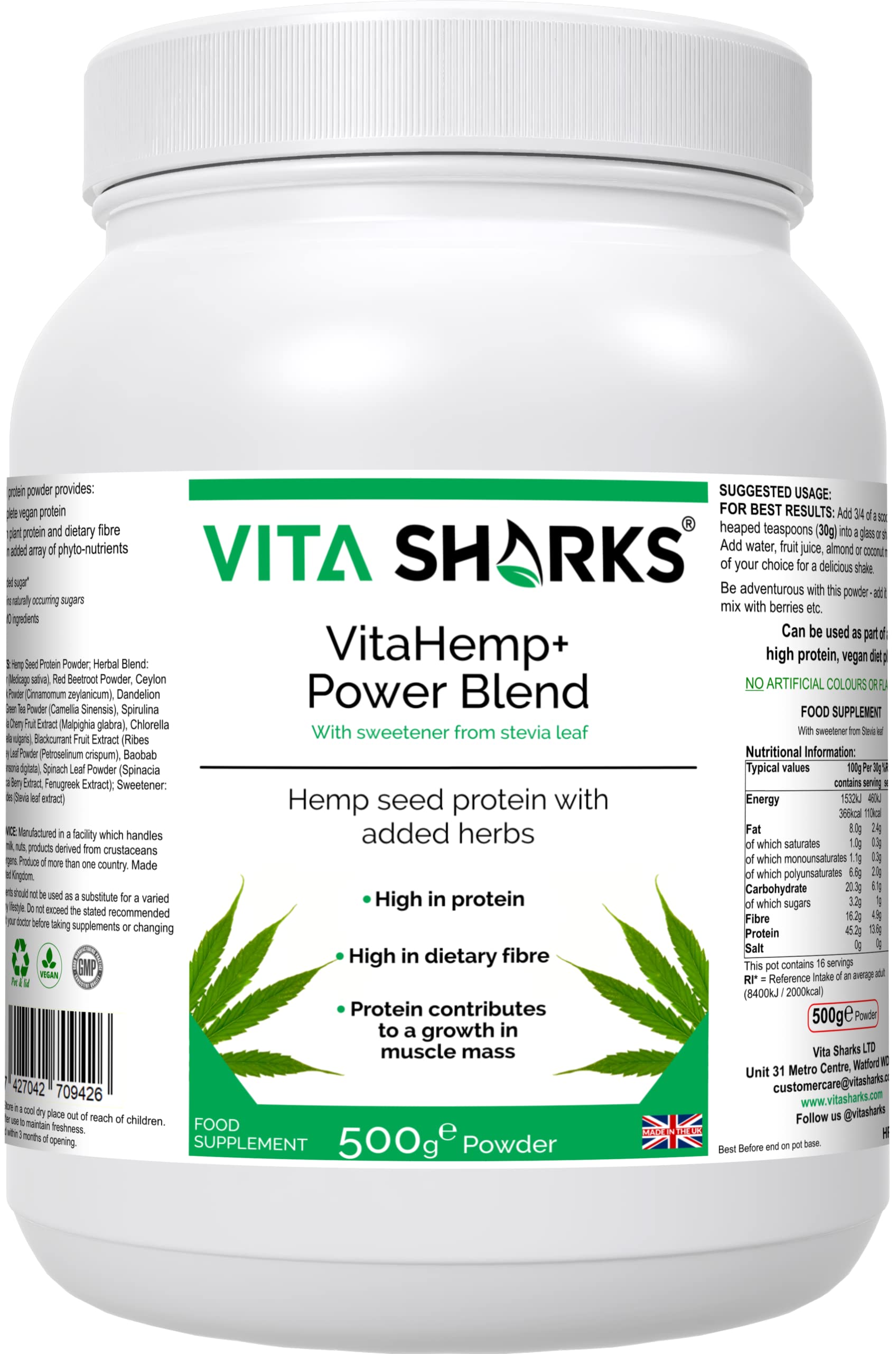 VitaHemp+ Power Blend Workout Drink |Vegan Hemp Seed Protein Shake Powder with Phyto-nutrients, Essential Amino Acids, Vitamin C & Fibre. Appetite Suppressant, Reduces Bloating & Flatulence