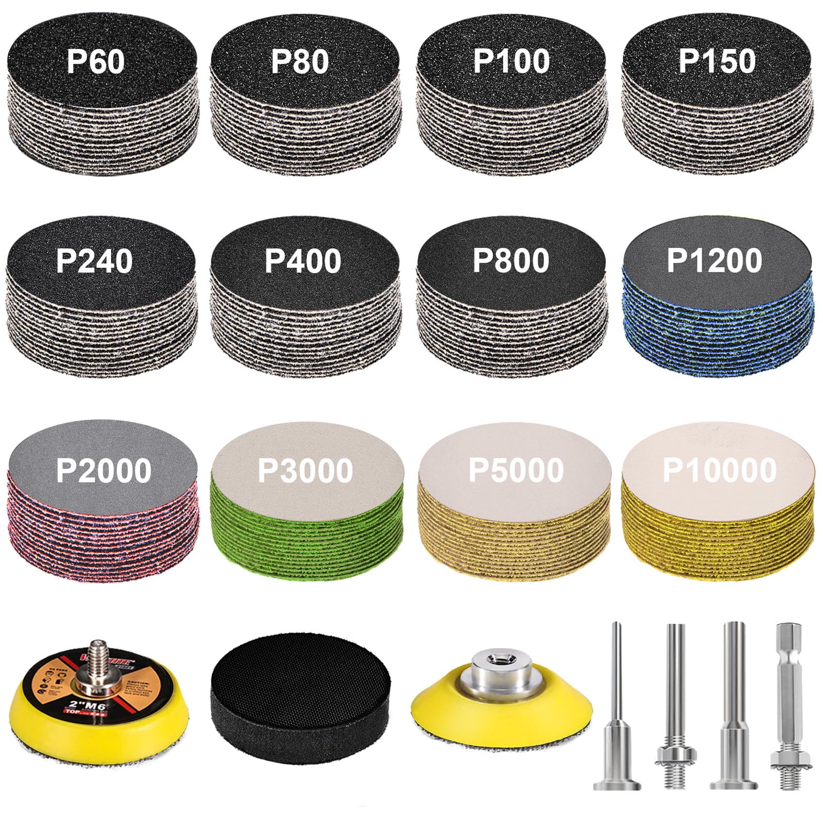 187 Pieces 2 Inch Sanding Disc, GOH DODD Wet Dry Sandpaper with Interface Pad and Backer Plate 1/4" Shank, 60-10000 Grits Grinding Abrasive Sand Paper for Auto Metal Glass Resin Wood Sanding