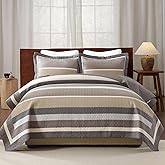 DUOHONG 100% Cotton Quilts Queen Size, Queen Quilt Bedding Set Bedspread, Striped Quilt for Queen Bed, 3 Pieces Farmhouse Reversible Lightweight Comforter Bed Spread, Gray/Brown/Beige