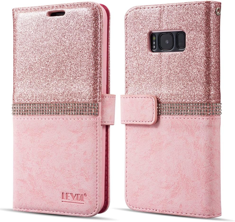 LEVOL Glitter Case for Samsung Galaxy S9 Plus,Bling Diamond Folio Leather Wallet with [Kickstand] [Card Slots] [Magnetic Closure] Flip Slim Case for Samsung Galaxy S9 Plus [Rose Gold]