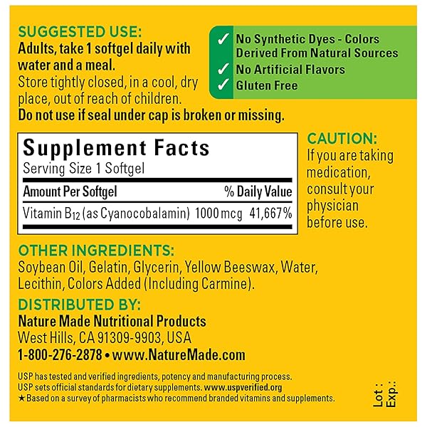 NATURE MADE VITAMIN B12 1000 MCG, DIETARY SUPPLEMENT FOR ENERGY METABOLISM SUPPORT, 90 SOFTGELS, 90 DAY SUPPLY