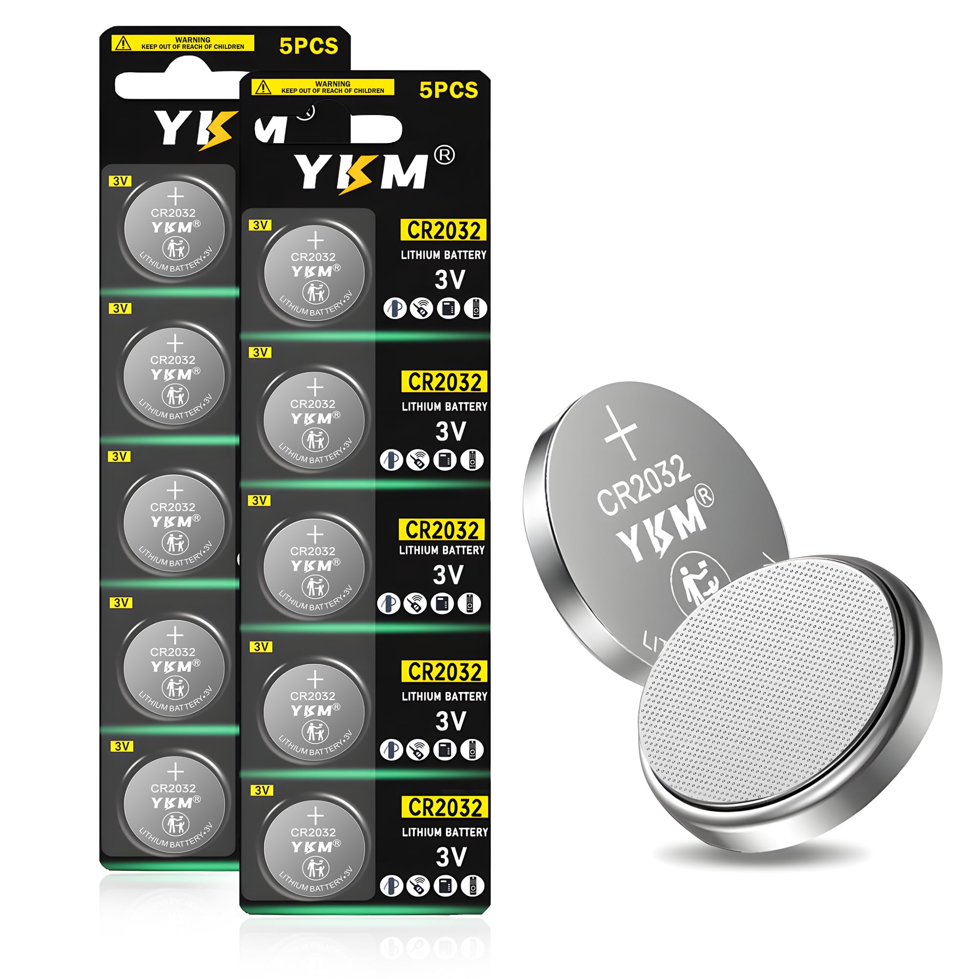 YKM CR2032 3V Lithium Battery 2032 3 Volt Batteries for Airtag Key Fob Ring Sensor Watch Button Coin Battery (10 Pack)
