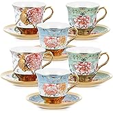 Teenyyou Set of 6 Tea Cups and Saucers Tea Party Decorations Floral Porcelain 5.4 oz British Gift for Women Birthday Party, Church, and Mother's Day (Classic Style)
