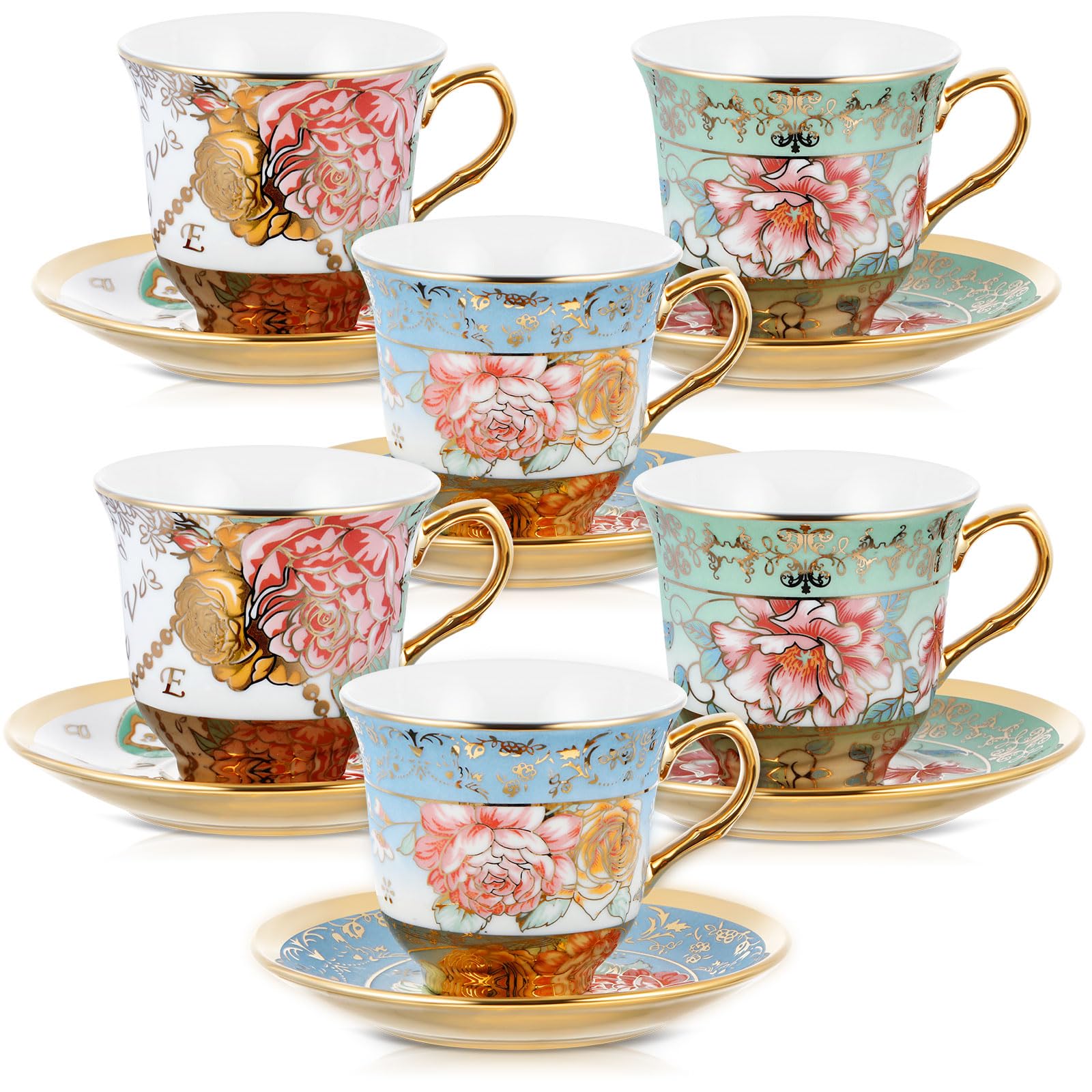 Photo 1 of Teenyyou Tea Cups and Saucers Set of 6 Tea Party Decorations Floral Porcelain British Tea Set Gift for Christmas, Church, Women Birthday Party and Mother's Day
