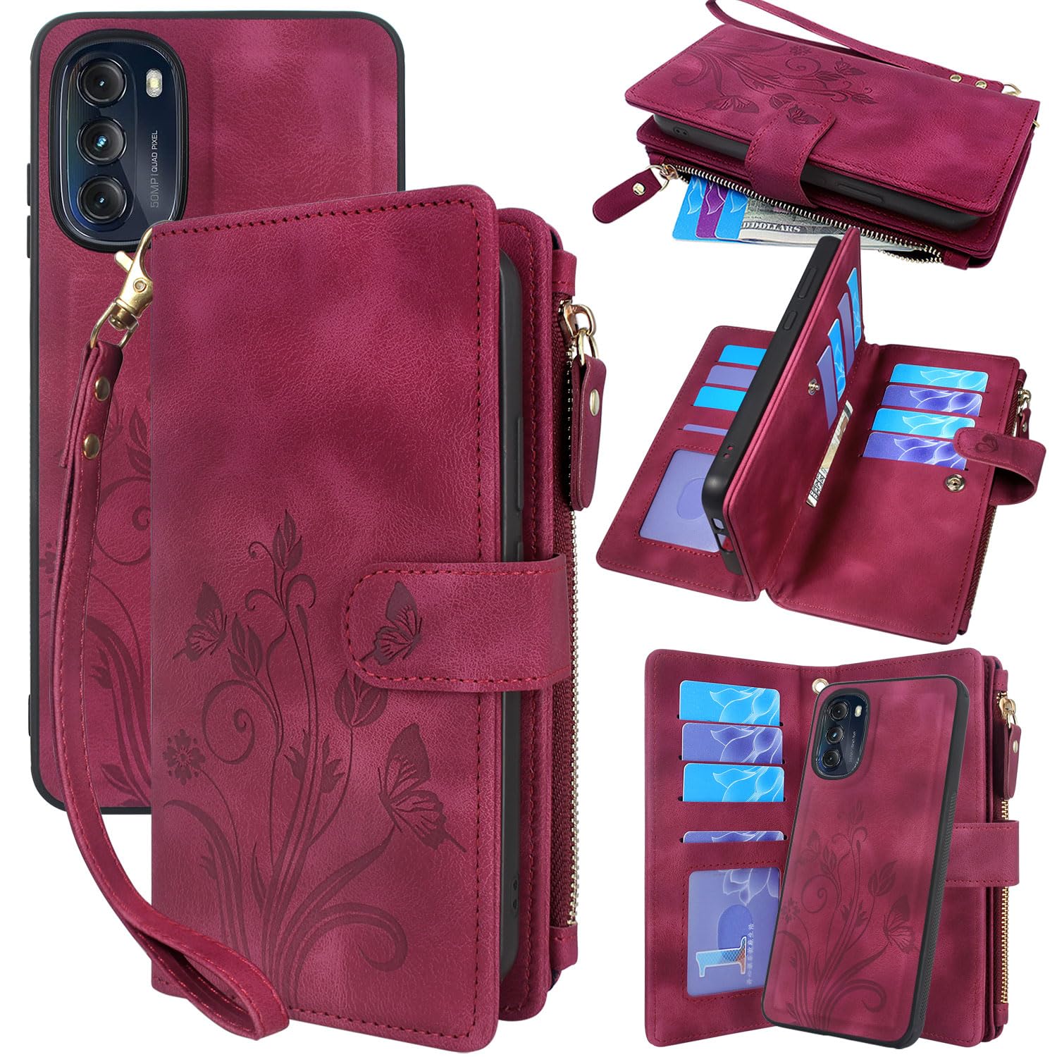 Photo 1 of Lacass Compatible with Motorola Moto G 5G 2022 Case [12 Card Slots] ID Credit Cash Holder Zipper Pocket Detachable Magnet Leather Wallet Cover with Wrist Strap Lanyard(Floral Wine Red)