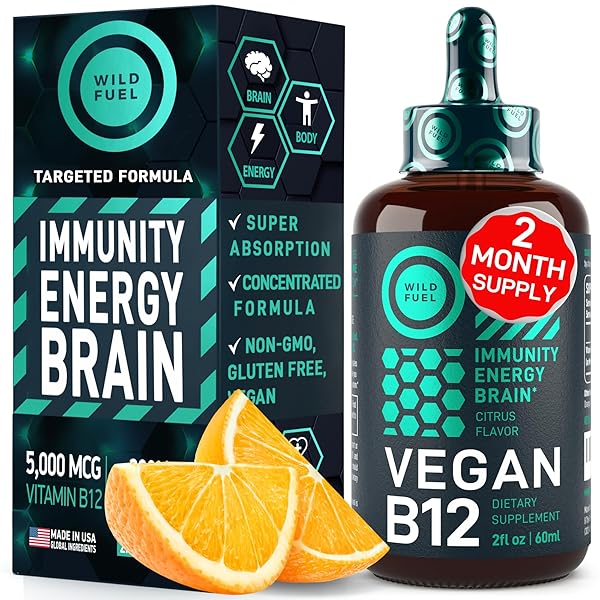 VEGAN VITAMIN B12 LIQUID DROPS – FAST-ACTING 60 X 5000MCG METHYLCOBALAMIN B12 SUPPLEMENT – ENERGY, MEMORY AND MOOD SUPPORT – HIGH-POTENCY ONE-DROPPER PER DAY – NON-GMO, NATURAL CITRUS FLAVOR – 2OZ