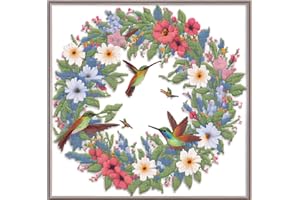 Funxvoot Stamped Cross Stitch Kits Beginners Full Range of Embroidery Starter Kits for Adults Printed Cross Stitching DIY kit (Hummingbird wreath 17.7x17.7 inch