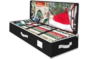 SEASONBLISS Wrapping Paper Organizer Storage, Christmas Wrapping Paper Storage for Christmas Decorations, Ribbon, Accessories, Underbed Gift Wrap Container with Flexible Partition, Interior Pockets(Black)