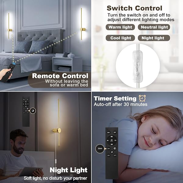 GOODATE WALL SCONCES SET OF TWO WITH REMOTE, STEPLESS COLORS 3000K-6500K & STEPLESS DIMMING, HARDWIRE OR PLUG-IN, 180° ROTATE, LED GOLD PLUG IN WALL SCONCES WITH TIMER & NIGHT LIGHT, 23.6 INCHES