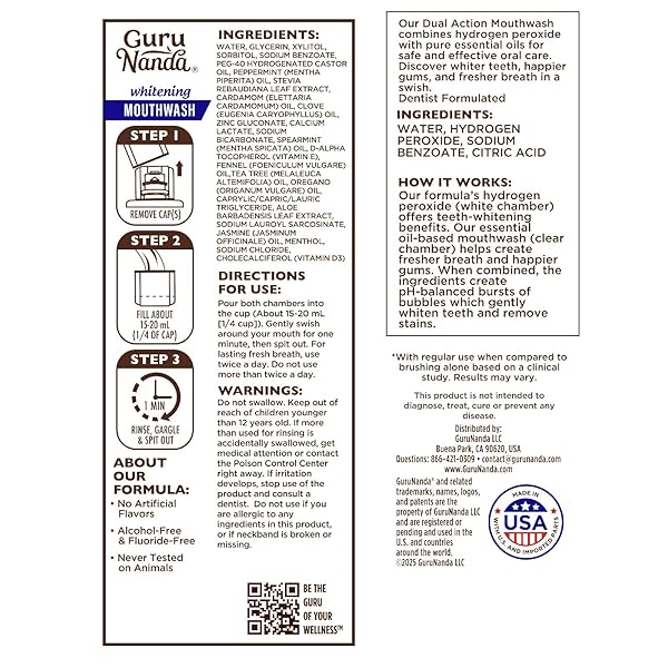 GURUNANDA TEETH WHITENING DUAL BARREL OXYBURST MOUTHWASH – ALCOHOL & FLUORIDE FREE, HYDROGEN PEROXIDE TO PROMOTE WHITER TEETH – WILD MINT – 32 FL OZ