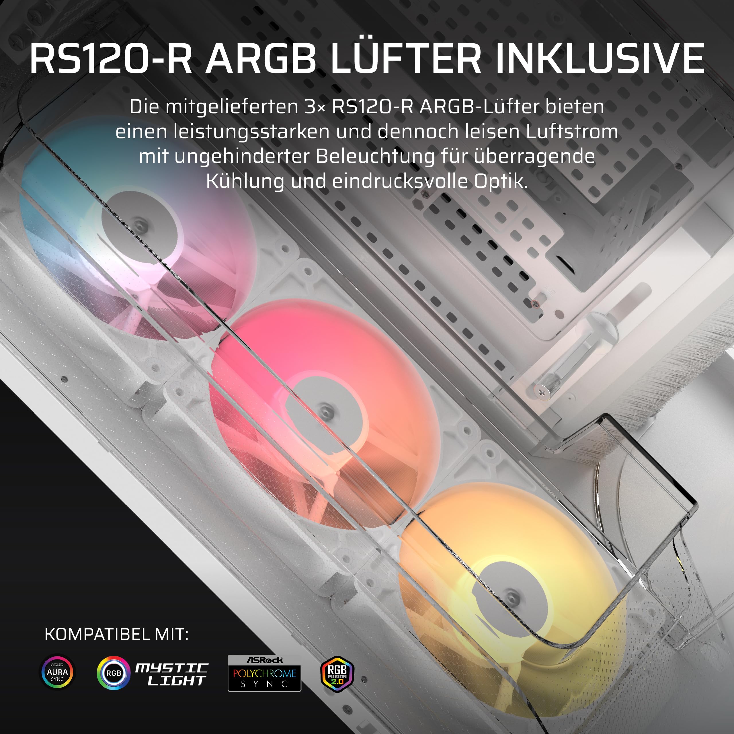 CORSAIR AIR 5400 RS-R ARGB Dreifach-Kammer-Mid-Tower PC-Gehäuse – 3X Vorinstallierte Reverse-Rotor RS120-R ARGB-Lüfter, Luftkanäle für Starke Kühlung, Reverse Motherboard-Unterstützung – Weiß 6