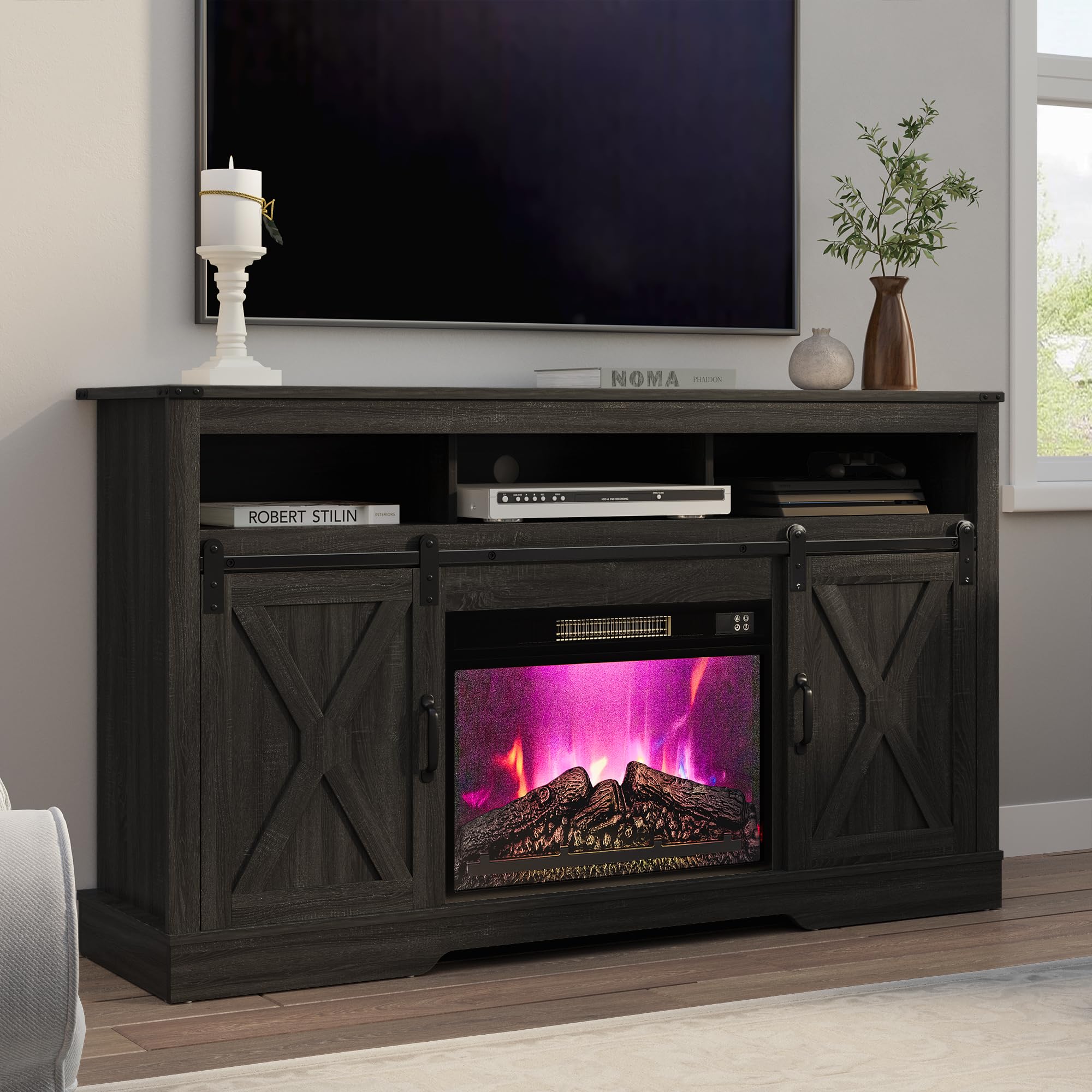Photo 1 of ***FACTORY SEALED***
RoyalCraft Farmhouse Fireplace TV Stand for 65+ Inch TV, Entertainment Center with 23" Electric Fireplace with Remote, 34 Tall Modern Rustic TV Console with Sliding Bar Door for Living Room, Dark Grey