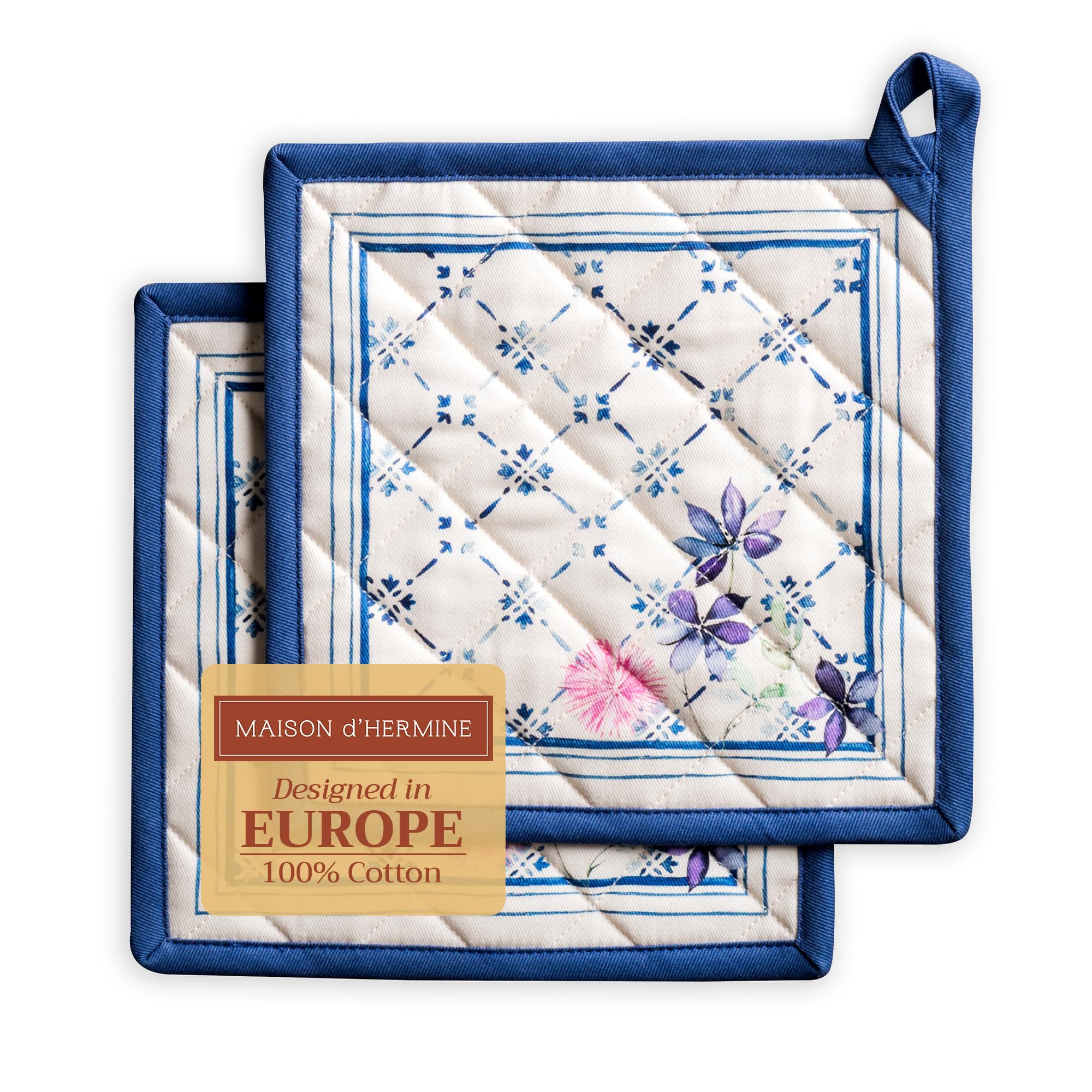 Maison d' Hermine Faience Set of 2 Pot Holders 100% Cotton for Barbecue, Baking, Oven, Microwave, Grilling, Spring/Summer, Easter (20 cm x 20 cm)