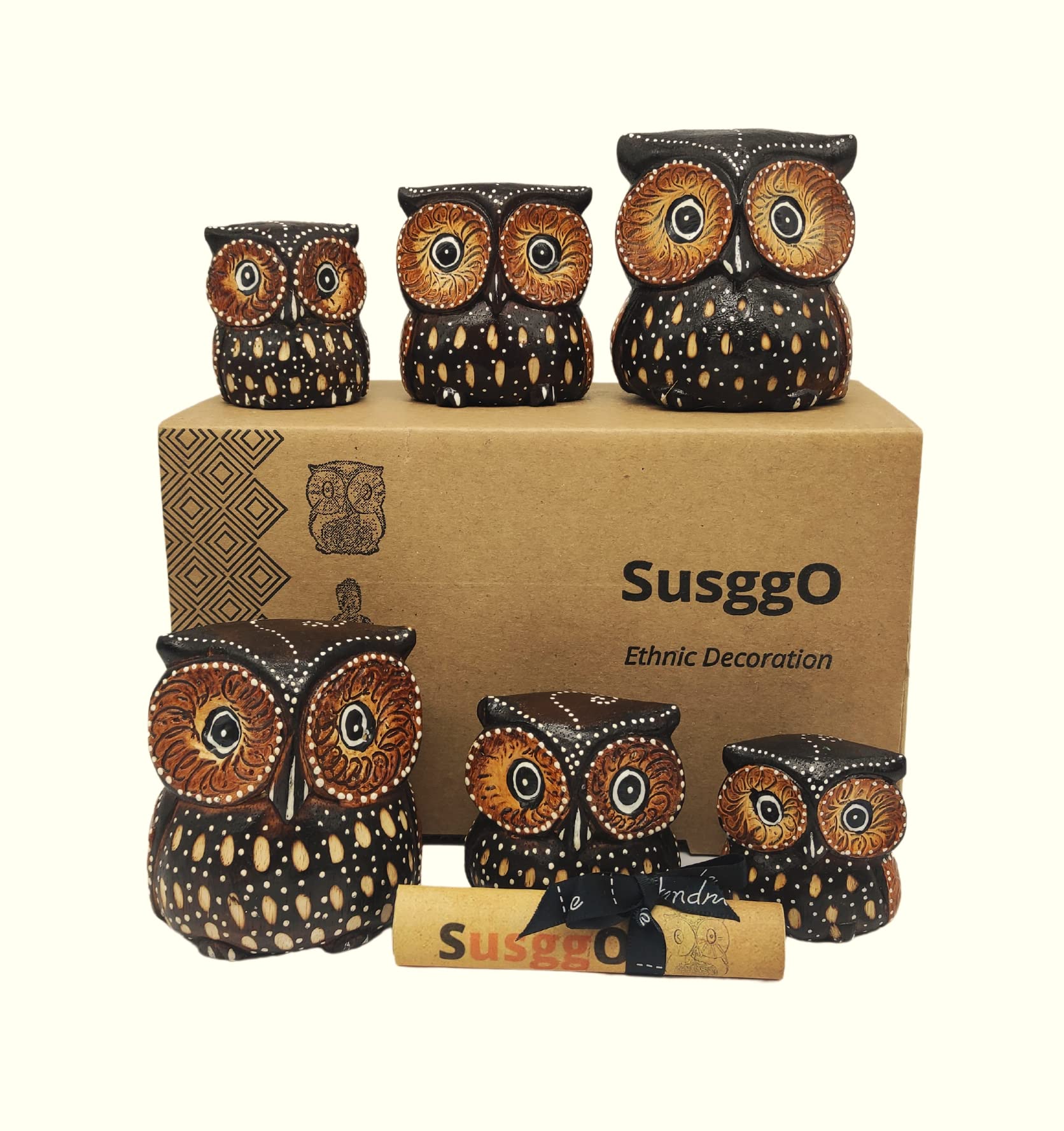 SusggO Set of 6 Small Decorative Wooden Owls, 3 Different Sizes, Owl Decoration, Owl Figures, Lucky Owls (6 Small Brown Owls)