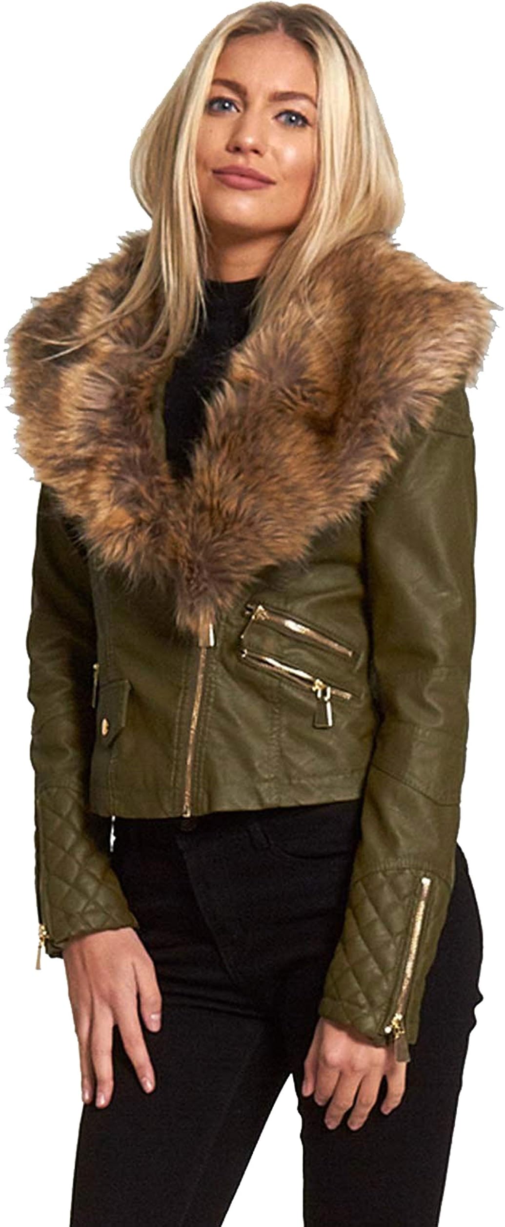 Divadames®Womens Cropped Faux Fur Leather Biker Jacket Sizes USA 4-10