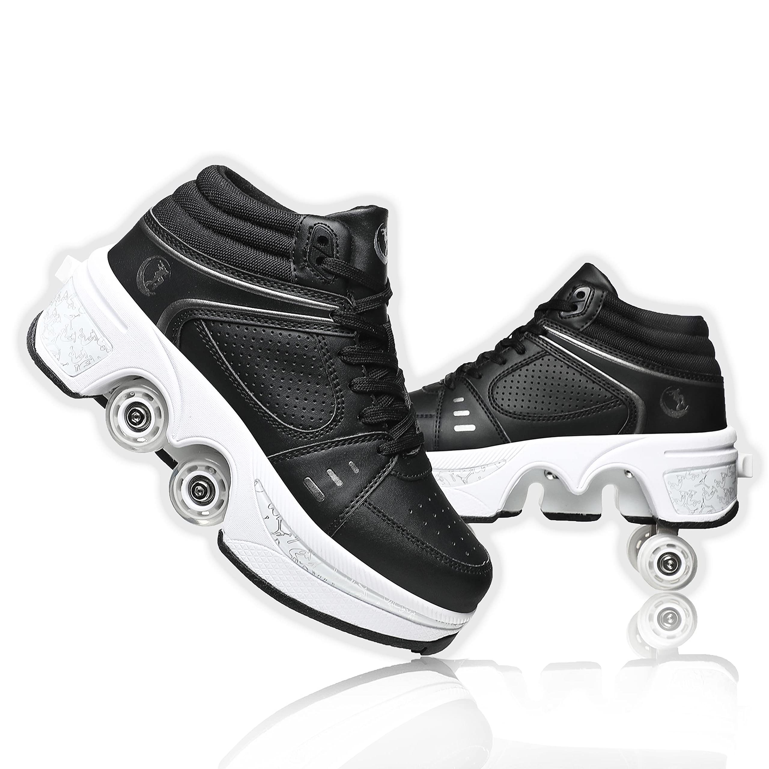 Photo 1 of Roller Skate Shoes for Women Four Rounds Children's Roller Skates Shoes That Turn into Rollerskates Sneakers Outdoor Light Shoes with Wheels for Girls/Boys (Black NO Light, US 8.5)