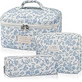 Teiniuby Floral Makeup Bag for Women, 3 Pcs Quilted Cosmetic Bag, Cute Flower Makeup Bags Set, Coquette Cotton Make Up Bag, Large Cosmetic Pouch, Aesthetic Travel Toiletry Organizer Bag