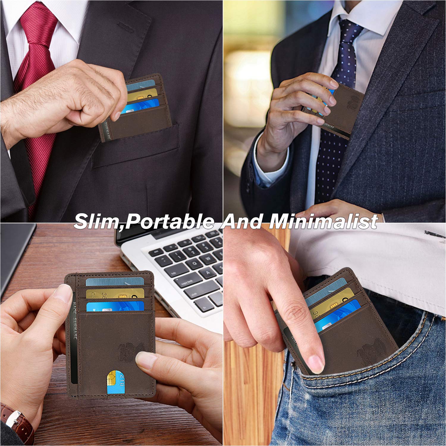 Mens Money Clip Wallet Leather Slim Front Pocket Magnetic RFID Money Clip Wallet (brow without manget)