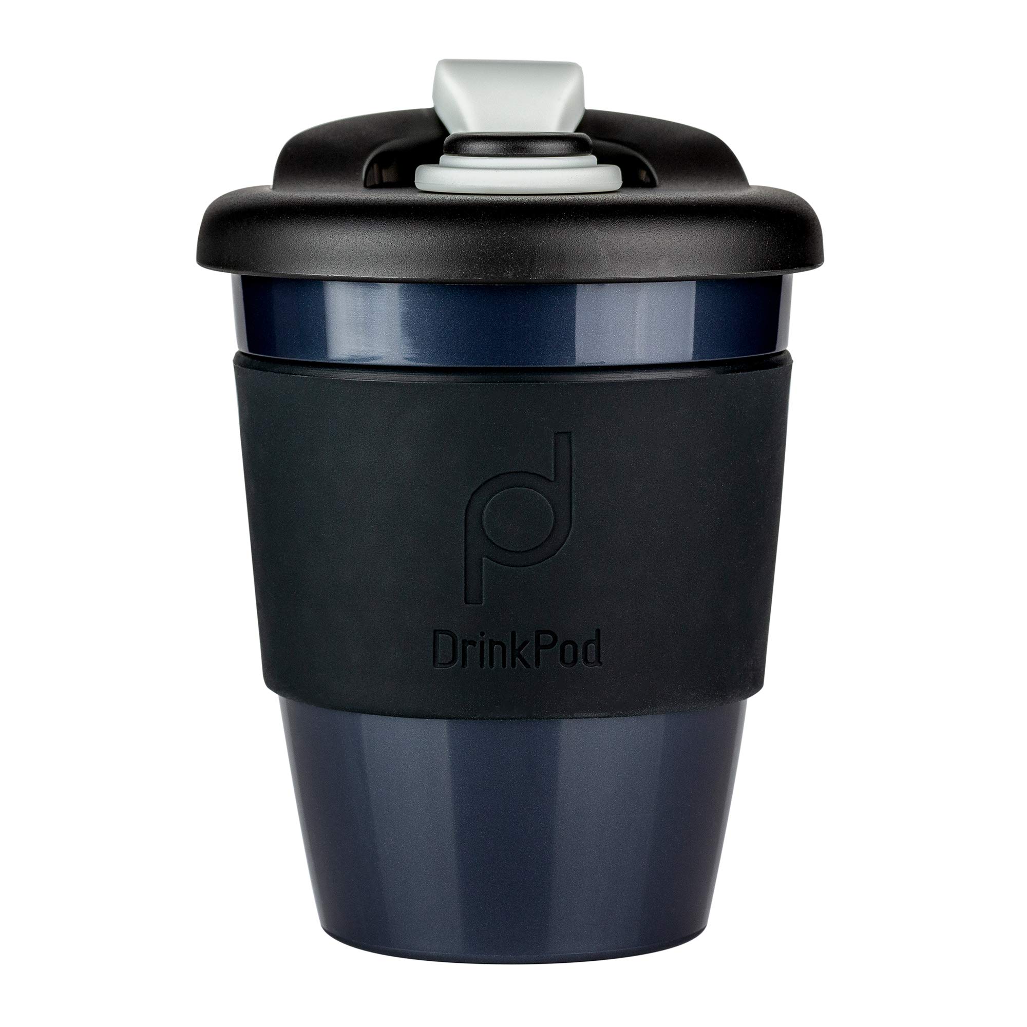 Drink Pod 12oz/340 ml Reusable Coffee Cup/Travel Mug with Rotating Rubber Lip BPA Free PLA Plastic – Night/Black RPC-340/BK
