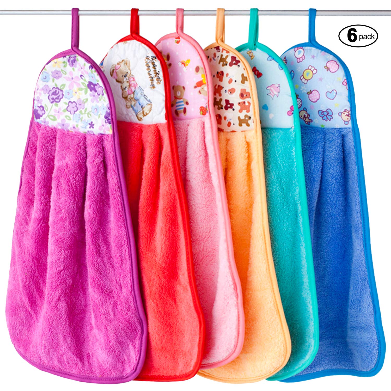 Pinowu Thick Coral Velvet Hand Towel for Kitchen and Bathroom (6pcs), Ultra Absorbent Super Soft Washcloth with Hanging Loop, Fast Drying Microfiber Towel (30x40cm)