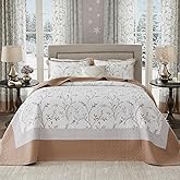 QuiltMuse 100% Cotton Bedspread King Size 120"x120" - Modern Lightweight Oversized King Quilt with 2 Pillowshams, Reversible Printed Plant Pattern King Quilted Bedding Coverlet, 3 Pieces, Brown/White