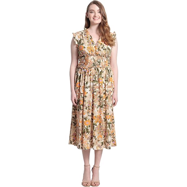 London Times Women's Smocked Waist Mini Ruffle Surplus Retro Peasant Dress  at Amazon Women's Clothing store