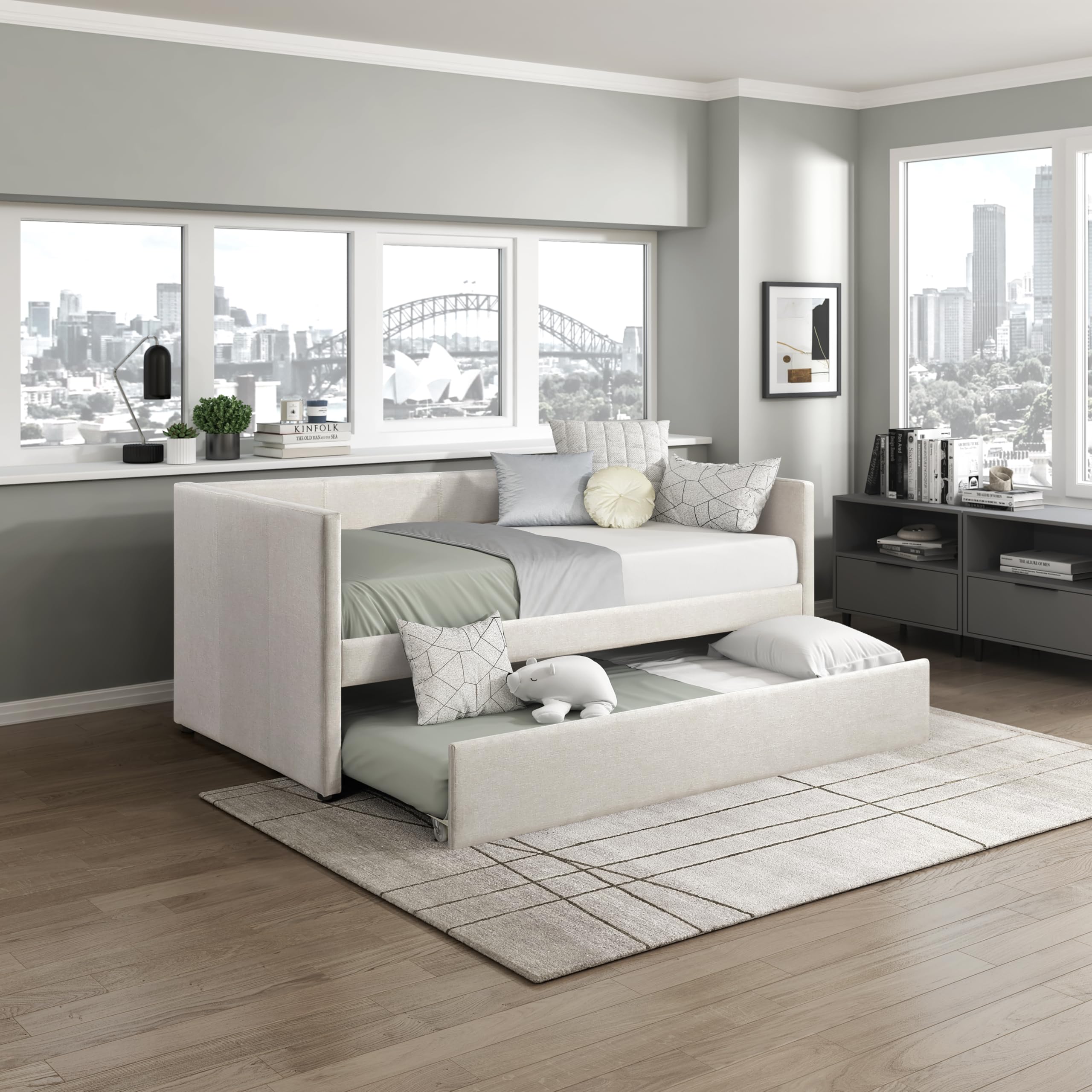 Photo 1 of ** MINOR DIRT MARKS ABD LINE ON BACK PART ** Lexicon Upholstered Daybed with Trundle, Textured Fabric Twin Day Bed Frame with Backrest and Wood Slat Support, Twin Trundle Daybed Sofa Bed for Bedroom Guest Room, No Box Spring Needed, Beige