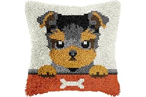 veirousa Yorkshire Puppy Latch Hook Kits for Adults Kids, Beginners DIY Throw Pillow Kit Hook and Latch Rug Kits Cross-Stitch Cushion Cover for Home Sofa Decoration 17x17 in.