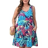 HBEYYTO Women Plus Size Sundress with Pockets V Neck Sleeveless Loose Fit Tank Dress Floral Print Beach Cover up 1X-5X