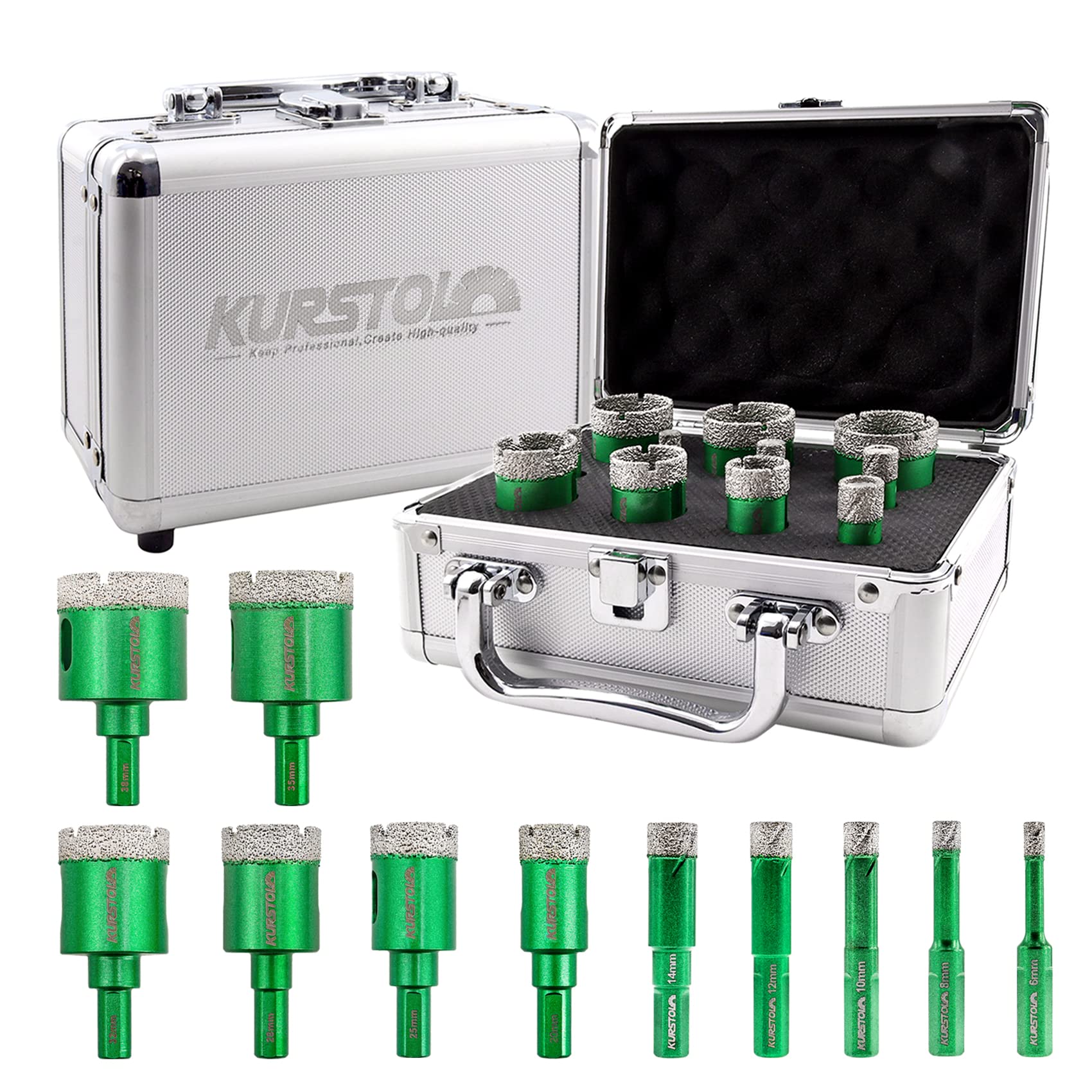 KURSTOL Diamond Core Drill Bit Kit - Dia 6/8/10/12/14/20/25/28/32/35/38mm Triangle Shank Vacuum Brazed Tile Hole Saws for Dry Drilling Porcelain Ceramic Tile Granite Marble Stone Angle Grinder — image 1
