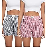 Viakeo Womens Cotton Boxer Pajama Shorts Gingham Summer Lounge Sleep Plaid Shorts Y2K Beach Bottoms with Pockets