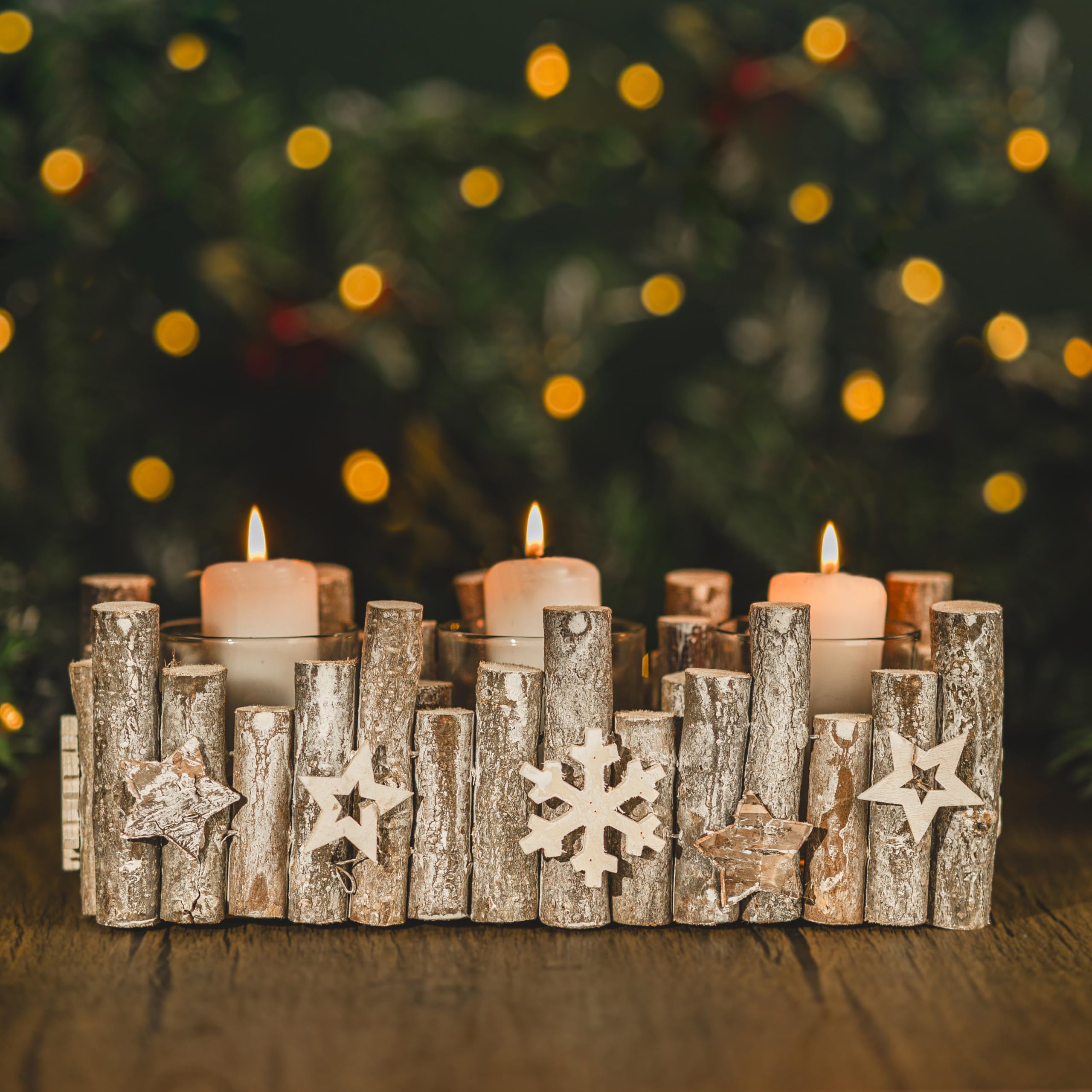 Marco Paul Festive Wooden Candles Holder for Tealights - Includes Triple Glass for Candles for Home Xmas Table Decorations Centrepiece - Christmas Candle Holders for Mantlepiece Living Rooms