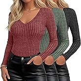 Velvelhall 3 Pack Womens V Neck Sweaters Long Sleeve Ribbed Fitted Shirts Pullover Lightweight Sweater Thermal Fall Layer Top