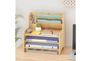 Wisuce Essentials Bamboo Desk Organizer Mail Holder Countertop Letter Tray File Organizer for Desk Letter Sorter Paper File Storage for School Home Office Supplies