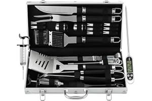 Grilljoy 24PCS BBQ Grill Tools Set with Meat Thermometer and Injector - Extra Thick Stainless Steel Fork, Spatula& Tongs - Complete BBQ Accessories in Aluminum Case - Perfect Grill Gifts for Men