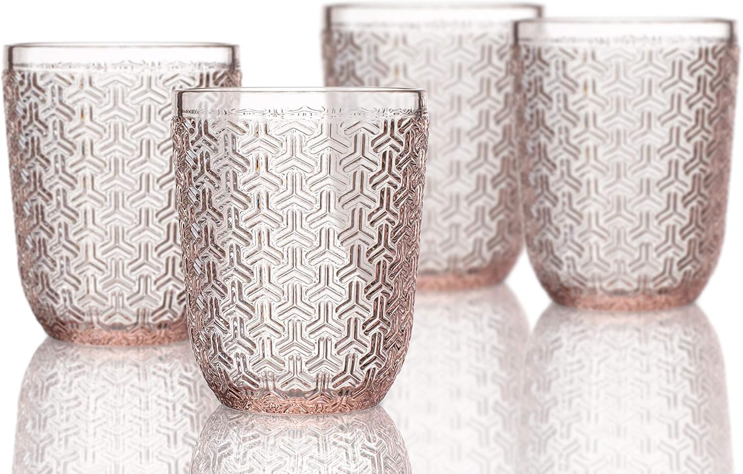 Elle Decor Bistro Key 4 Pc Set Old Fashion, Pink-Glass Elegant Barware and Drinkware, Dishwasher Safe, 10.8 Oz