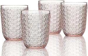 Elle Decor Bistro Key 4 Pc Set Old Fashion, Pink-Glass Elegant Barware and Drinkware, Dishwasher Safe, 10.8 Oz