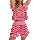MISSACTIVER 2 Piece Lounge Set Women Stripe Knit Short Sleeve Tee Shirts Shorts Casual Summer Loungewear Shorts Sets
