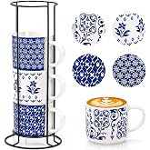 Eorbow 4 Pack Ceramic Coffee Mug Set with Rack, 16 OZ Stackable Cappuccino Cups with Metal Stand, Blue and White Porcelain Tea Mugs for Latte, Americano, Milk, Hot Cocoa, Beverages, Microwave Safe