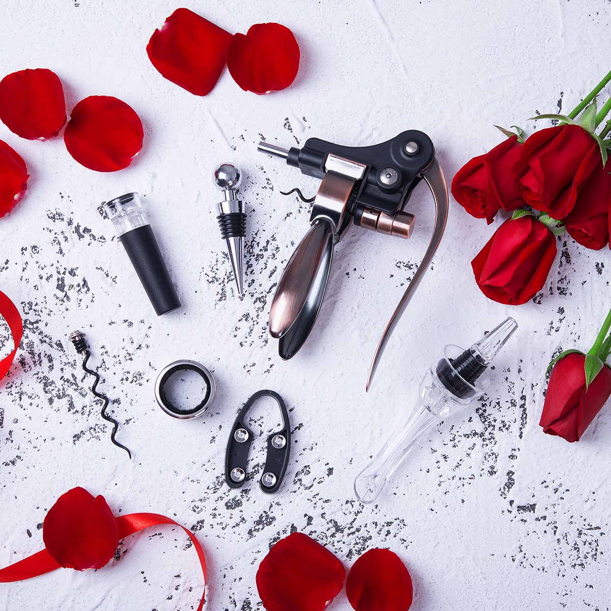 Wine Opener Corkscrew Set, 7 Pieces Wine Bottle Accessories Gift Kit, Rabbit Screwpull, Wine Stopper, Pourer, Foil Cutter and Extra Screw In Deluxe Leather Box by Kato, Free Drink Marker Stickers