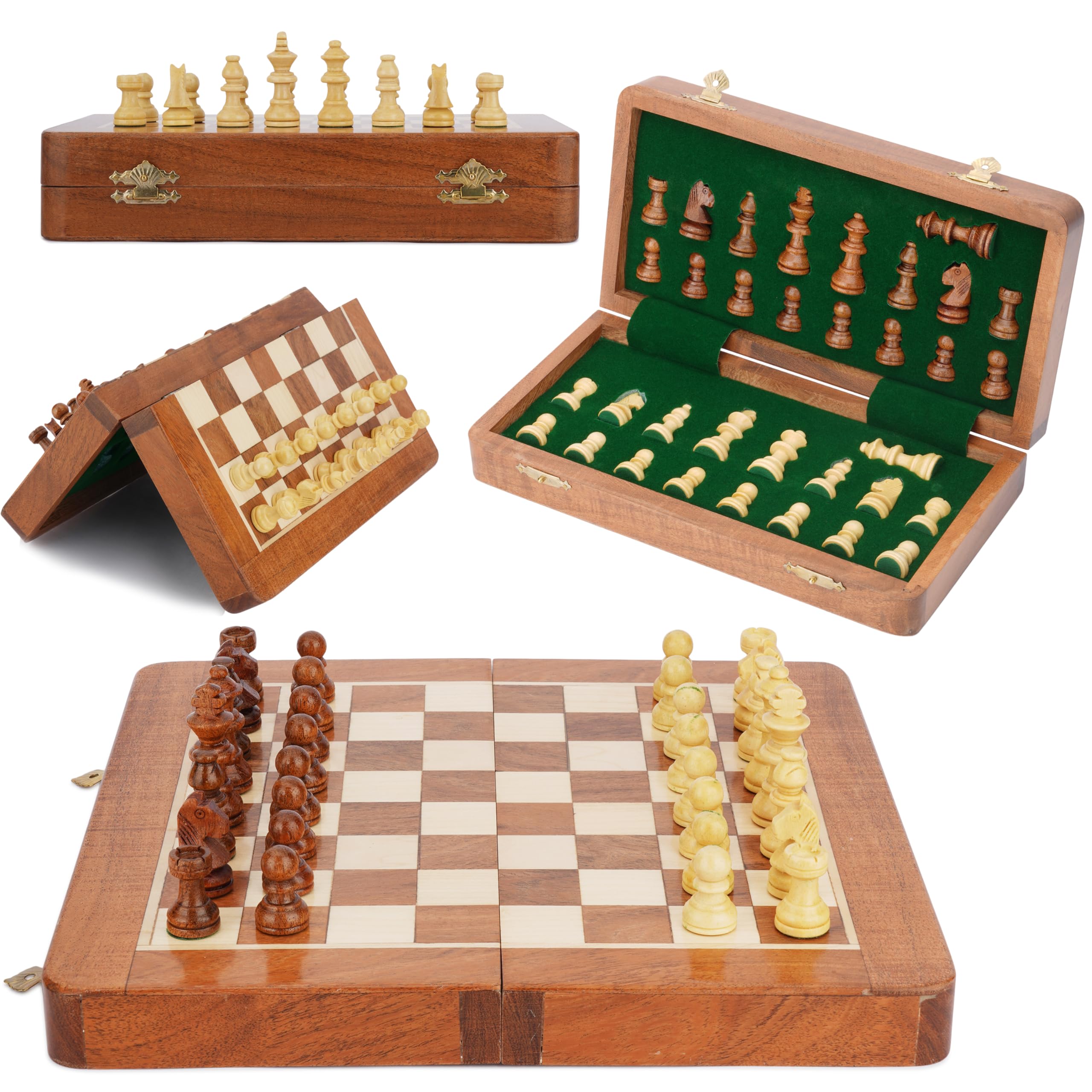 Ajuny Magnetic Travel Chess Set - Handcrafted Acacia Wood, Foldable Board with Elegant Storage Ages